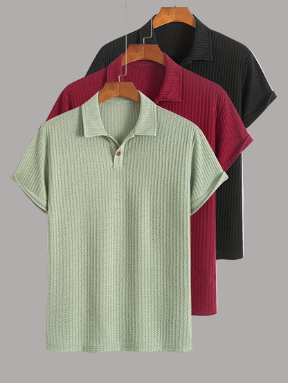 Men's Short-Sleeve Polo Shirt Set – Modern Waffle Pattern, Classic Casual Style, 3-Pack