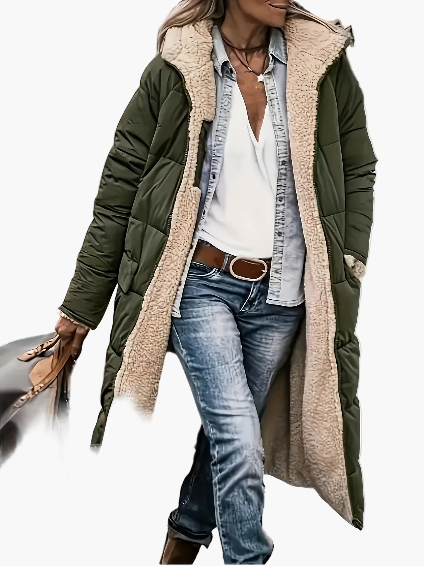 Women's Long Quilted Jacket with Hood and Teddy Lining – Fashionable Winter Coat for Leisure and Travel