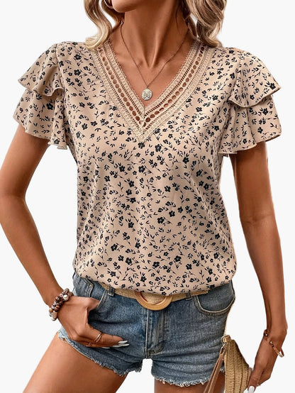 Women's Elegant Blouse with Floral Pattern and V-Neck for Spring and Summer