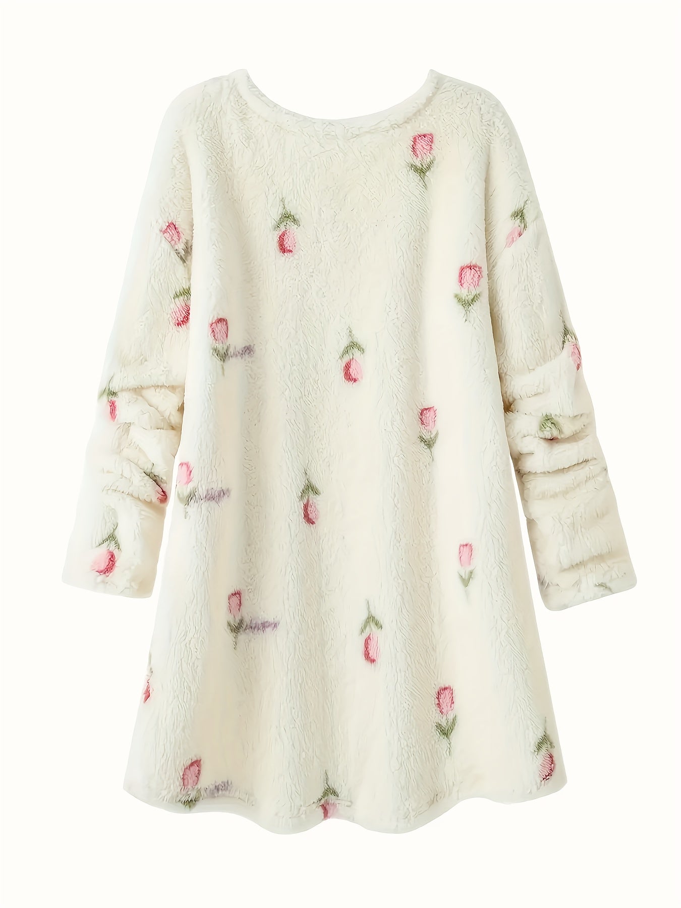 Women's fleece nightgown, cream, floral pattern, long-sleeved, short house dress
