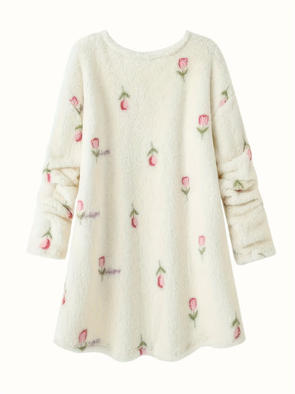 Women's fleece nightgown, cream, floral pattern, long-sleeved, short house dress