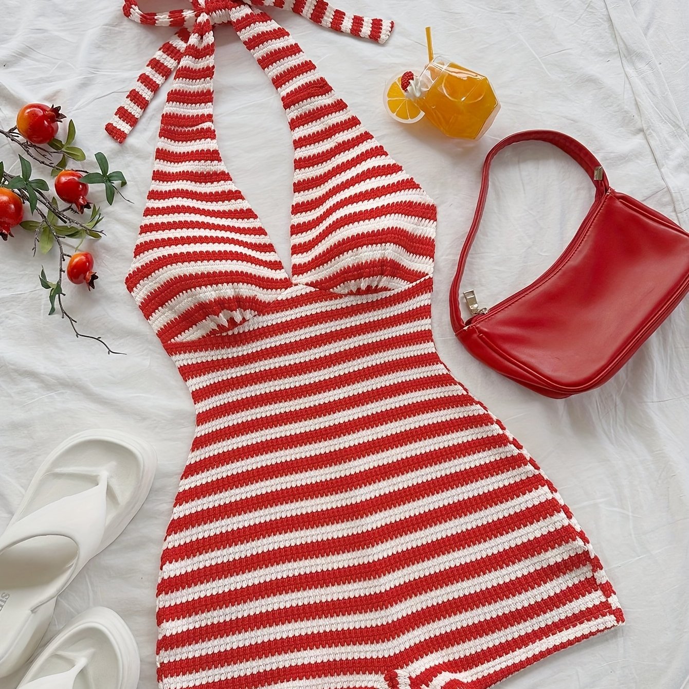 Damen Retro-Style Halterneck Einteiler Playsuit für Sommer und Urlaub