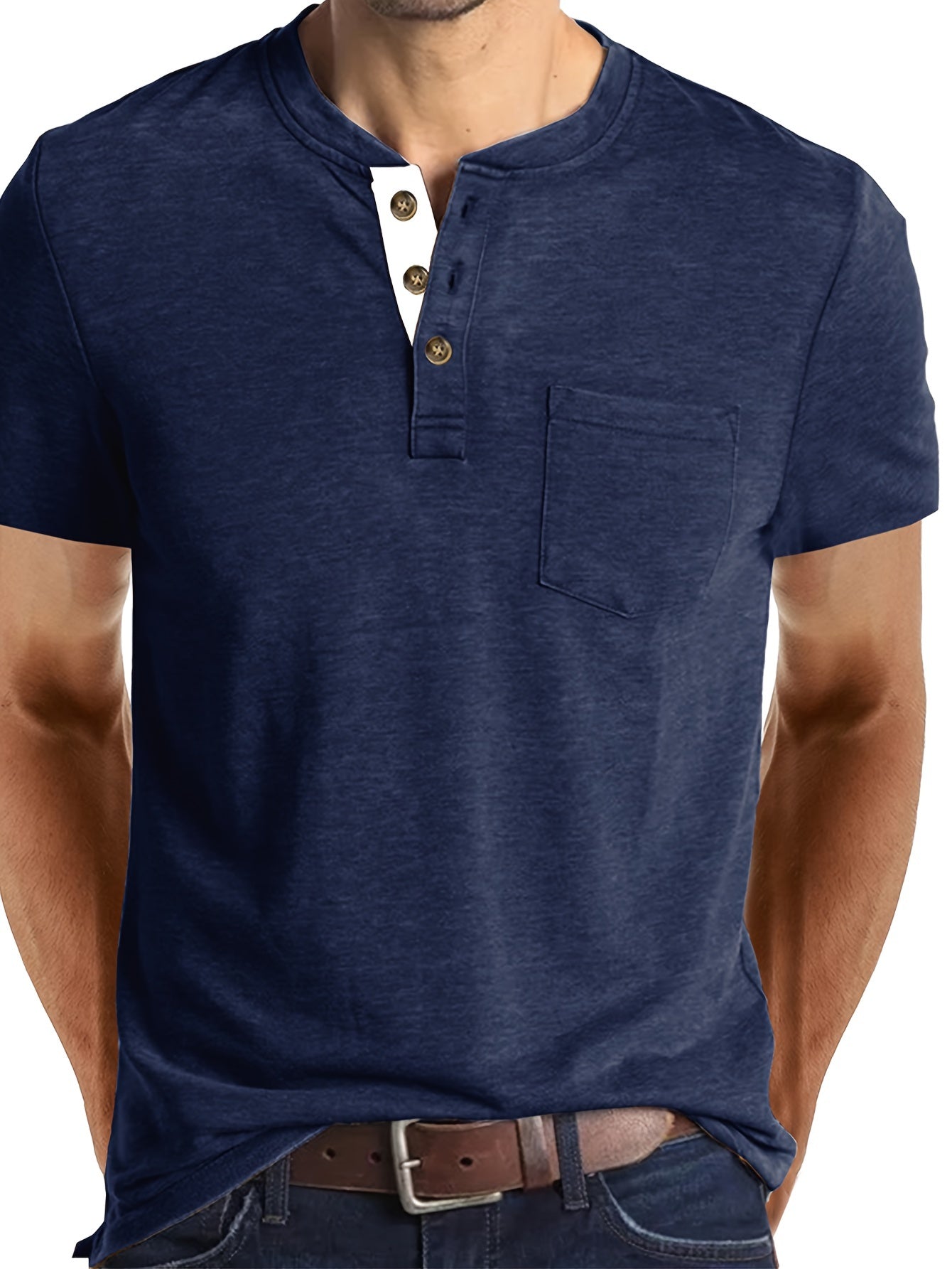 Herren Henley T-Shirt Kurzarm Casual Freizeitshirt mit Knopfleiste und Brusttasche