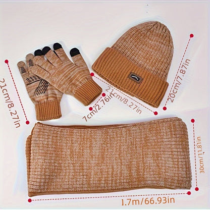 Strickmütze Schal Handschuhe Set Herren Warm Grau Winters Set