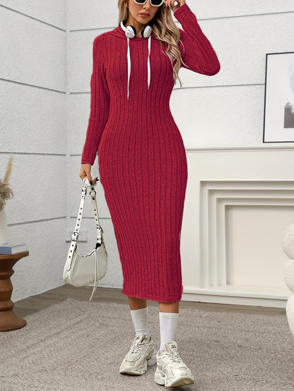Ribbed midi dress for women, long-sleeve hooded dress