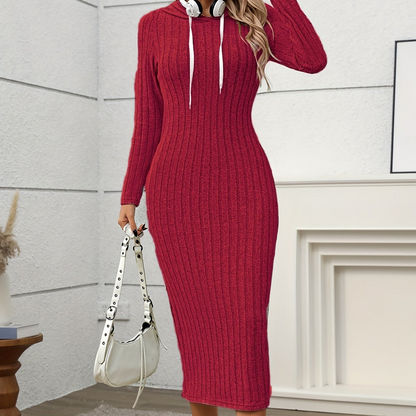 Ribbed midi dress for women, long-sleeve hooded dress