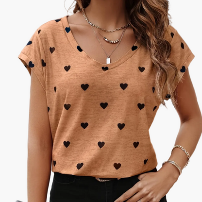 Women's T-Shirt with Heart Pattern, V-Neck, Casual and Elegant for Summer