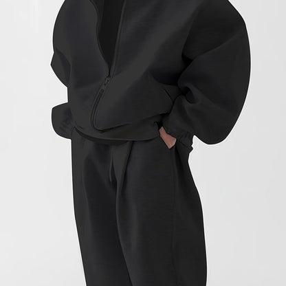 Hoodie & Jogginghose Set Unisex - Grau Melange Sportanzug mit Reißverschluss