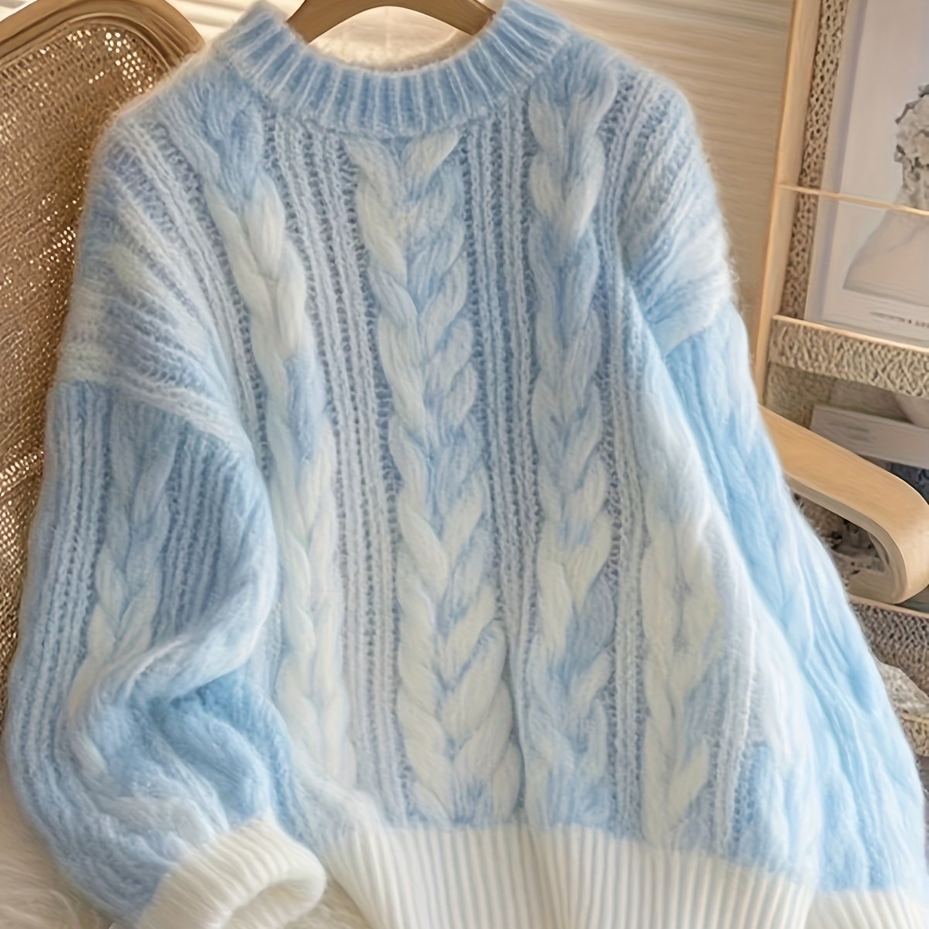 Damen Grobstrick Pullover Hellblau Weiß Zopfmuster Rundhals Weich