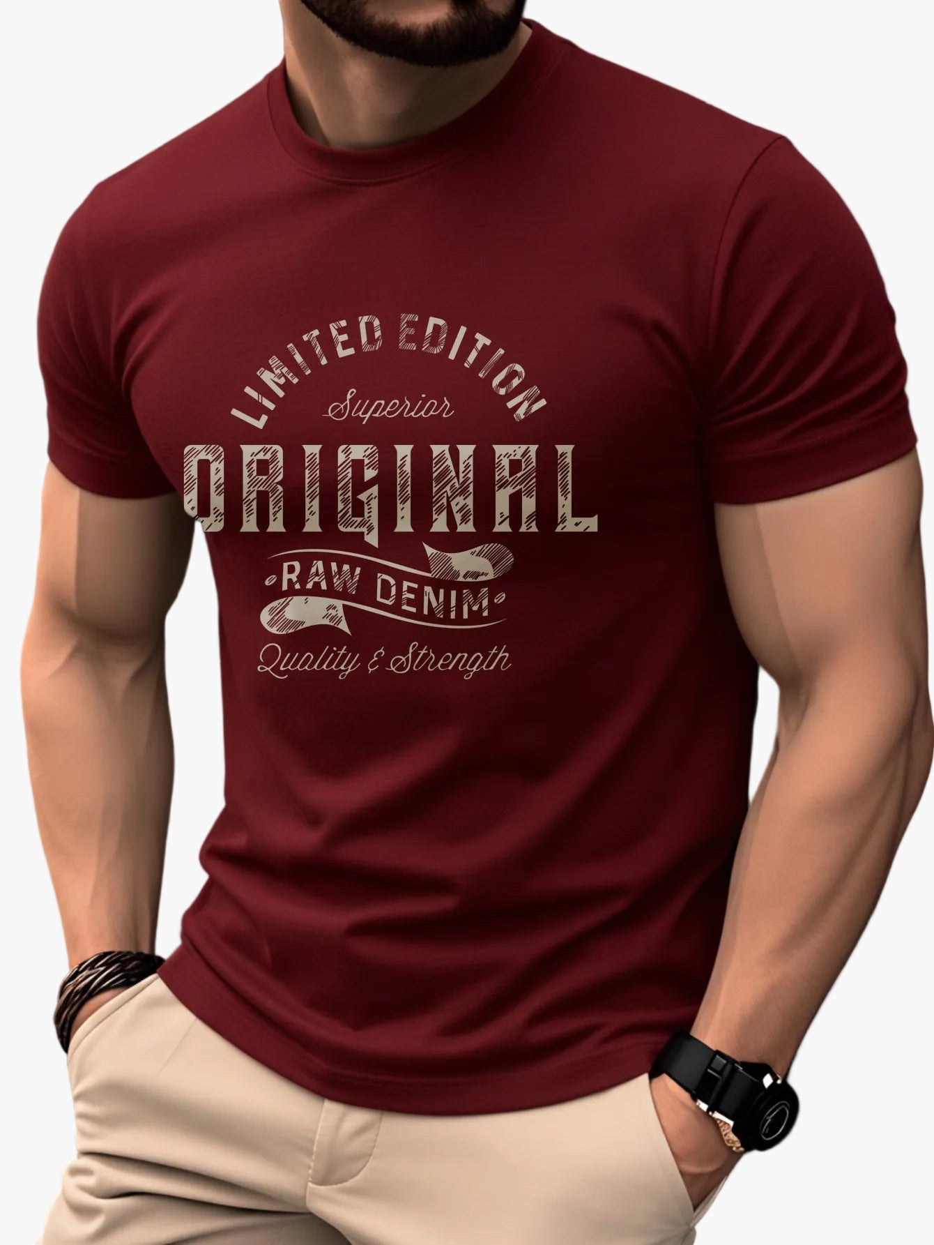 Men's T-Shirt Vintage Print Original Raw Denim – Casual, Skinny Fit