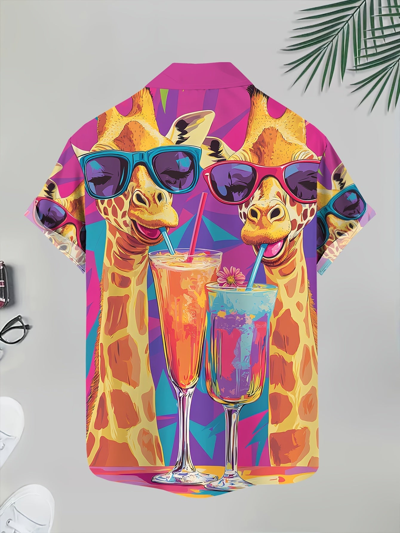 Men's Hawaiian Shirt with Giraffe Print and Cocktails – Summer Party Short-Sleeve Casual Shirt