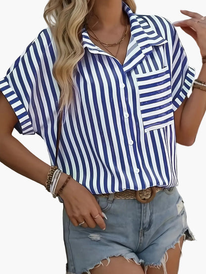 Women's blouse shirt with stripe pattern and short sleeves – Elegant casual look for spring and summer
