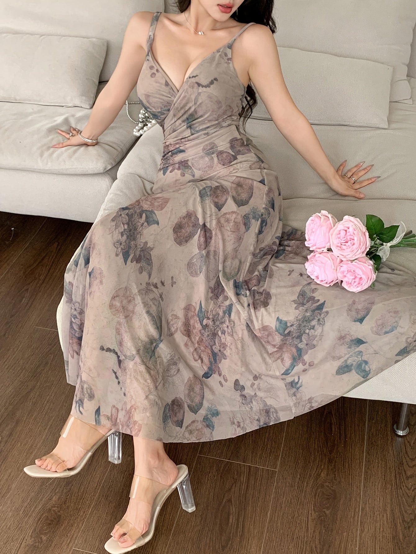 Women's Elegant Maxi Dress with Floral Pattern and V-Neck – Perfect for Spring & Summer