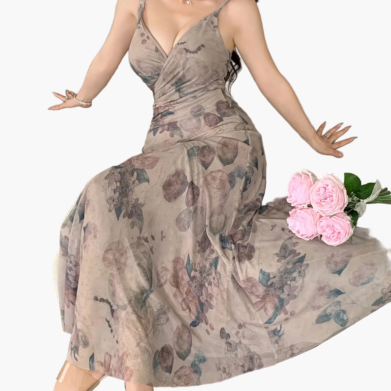 Women's Elegant Maxi Dress with Floral Pattern and V-Neck – Perfect for Spring & Summer