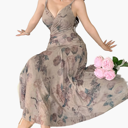 Women's Elegant Maxi Dress with Floral Pattern and V-Neck – Perfect for Spring & Summer