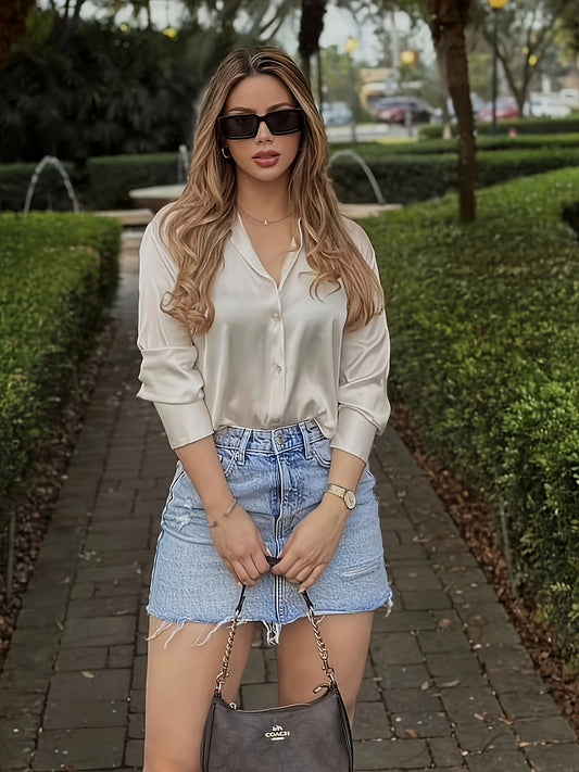 Women's Elegant Street Style Blouse Shirt and Denim Skirt Set – Fashionable Summer Look for Everyday and Leisure