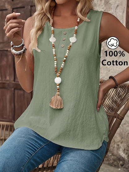 Women's Casual Sleeveless Henley Top with Button Placket – Relaxed Summer Fashion