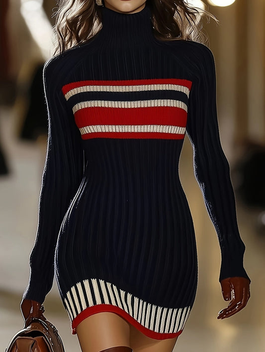 Women's turtleneck knitted dress with striped pattern, long sleeves, figure-hugging, dark blue, red, and white
