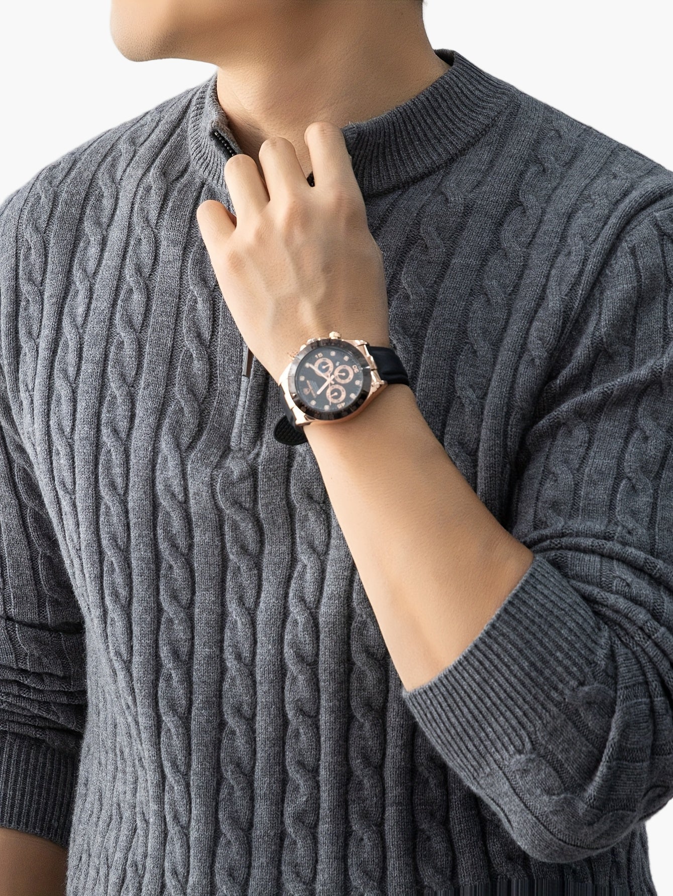 Men's knitted sweater with cable pattern and stand-up collar – fashionable casual style for autumn and winter