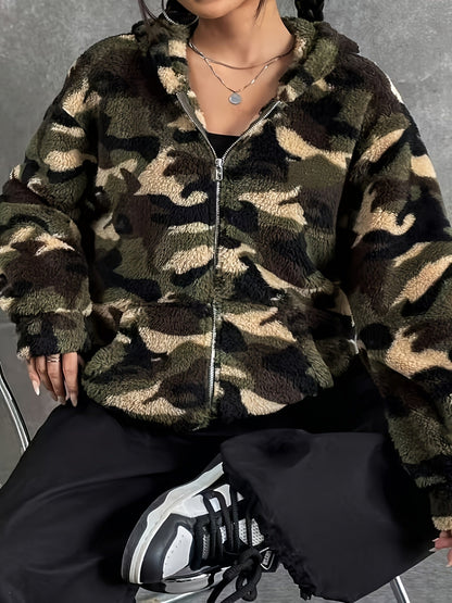 Teddy fleece hooded jacket with camouflage pattern and zipper
