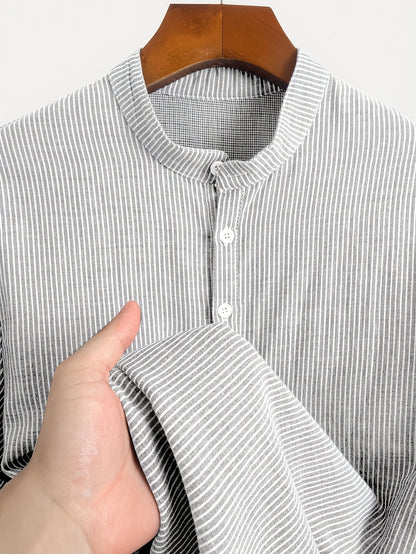 Men's Short Sleeve Henley Shirt with Stand Collar and Stripes – Modern Casual Shirt