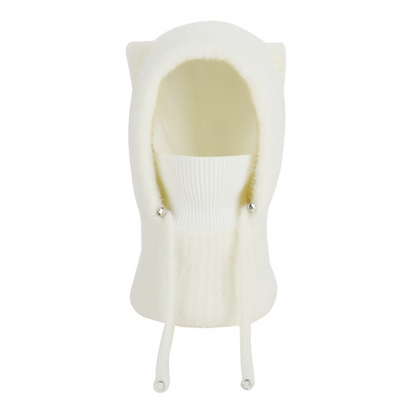 Gestrickte Balaclava-Mütze mit Ohren und integriertem Schal in Rippstrick