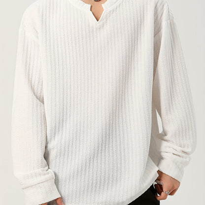 Men's long-sleeve shirt, Henley neckline, textured, light beige