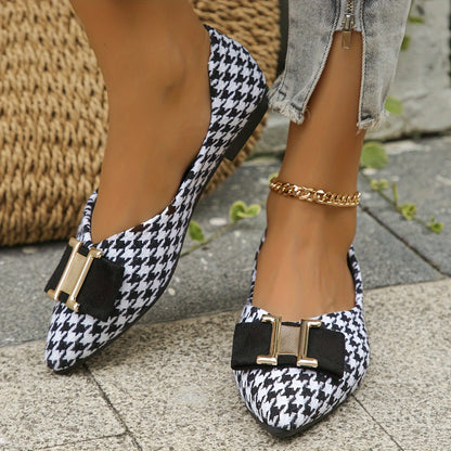 Women's Elegant Houndstooth Lace Shoes with Bow Detail – Stylish Everyday Ballet Flats for Spring & Office