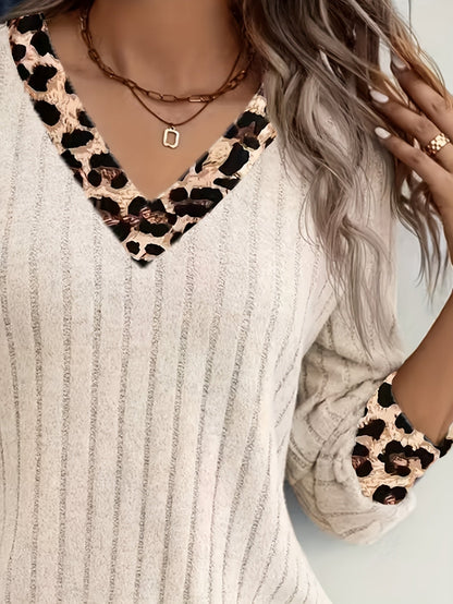 Damen V-Ausschnitt Oberteil mit Leopardmuster-Details Schwarz