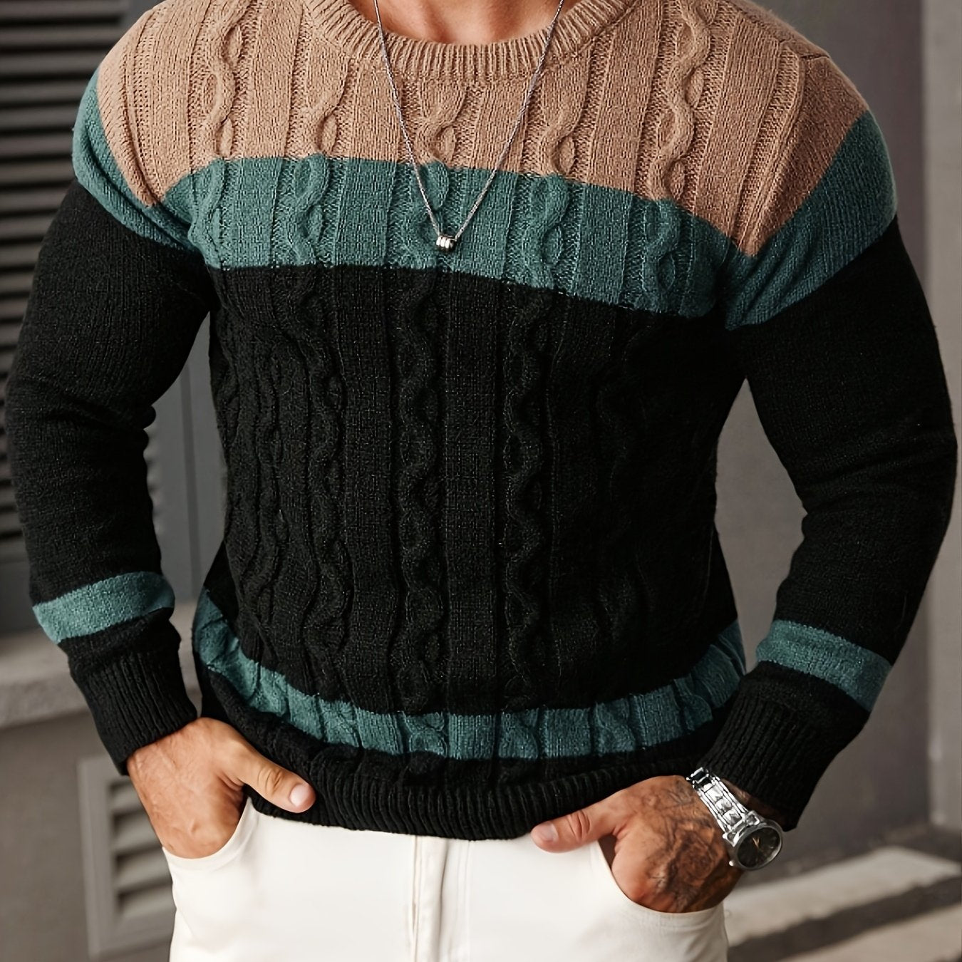 Men's knitted sweater, crew neck, cable-knit pattern, multicolored striped