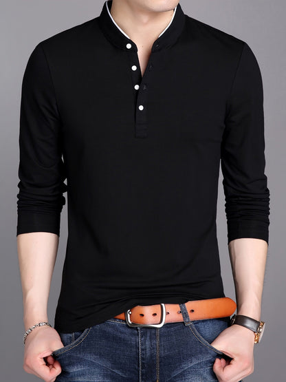 Men's long-sleeve shirt with stand-up collar and button placket