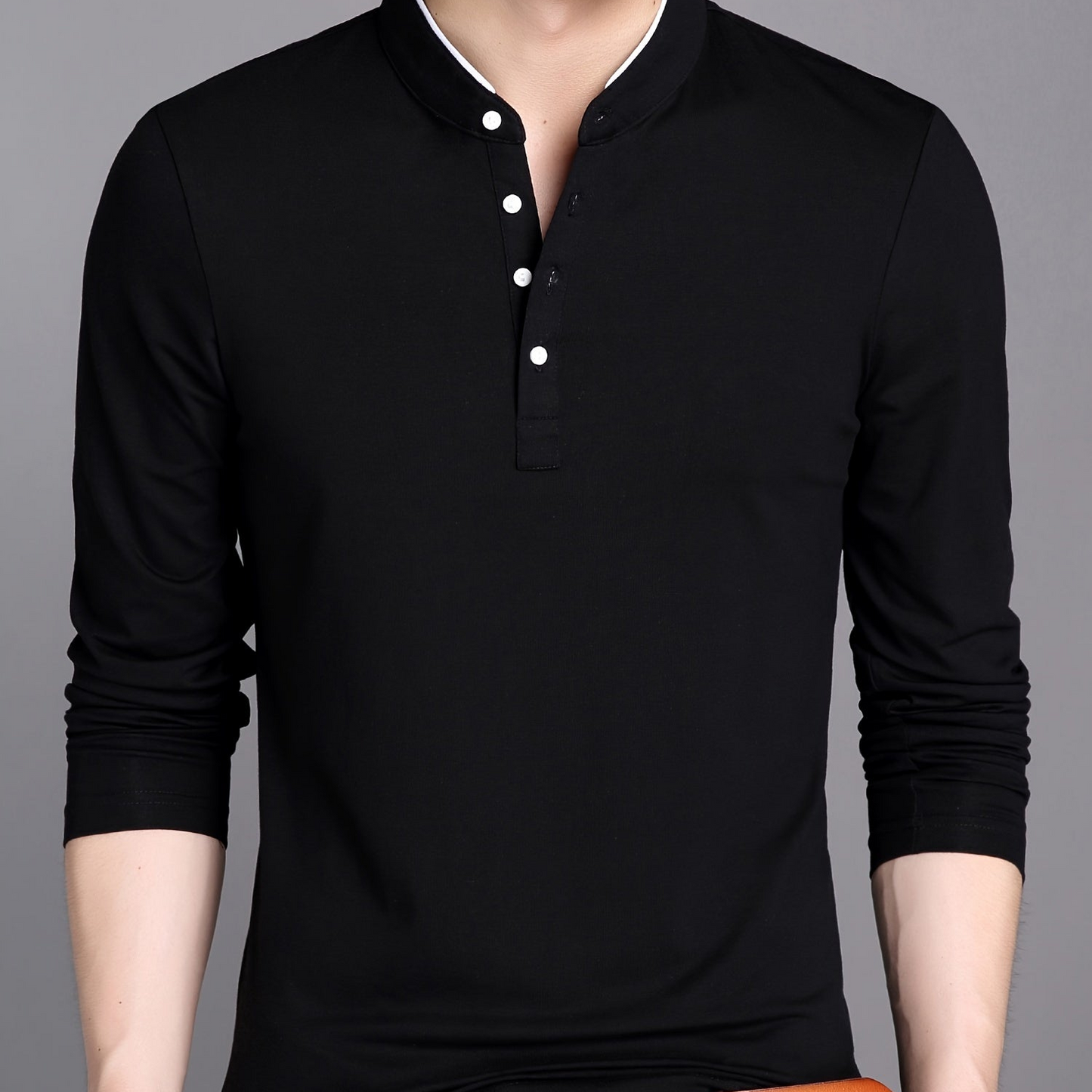 Men's long-sleeve shirt with stand-up collar and button placket