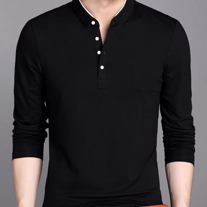 Men's long-sleeve shirt with stand-up collar and button placket