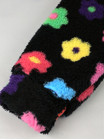 Hooded teddy jacket with colorful floral patterns and a zipper