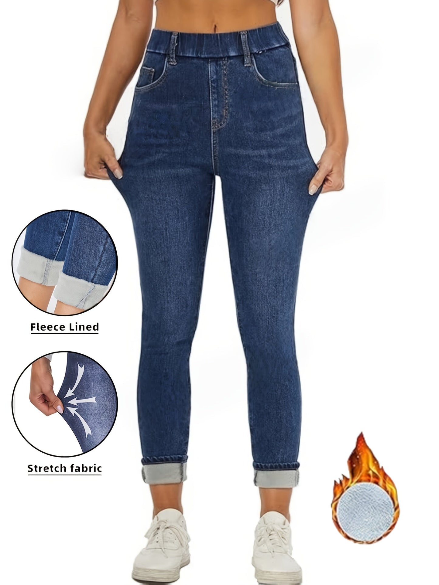 Lined women's skinny-fit jeans, dark blue stretch thermal jeans
