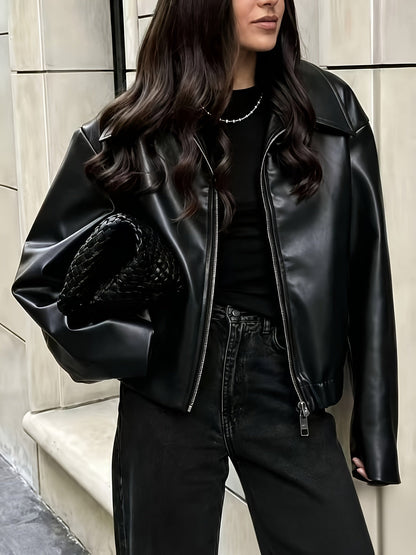 Women's leather-look bomber jacket with zipper and collar