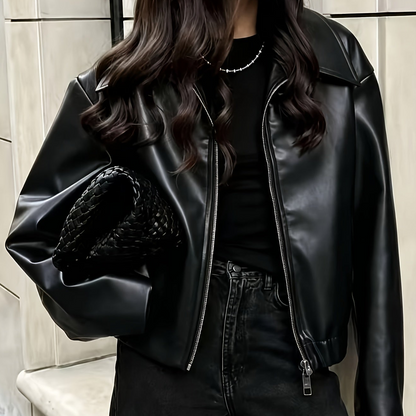 Women's leather-look bomber jacket with zipper and collar