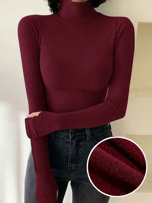 Damen Rollkragenshirt Langarm mit Daumenlöchern – Eng Anliegend