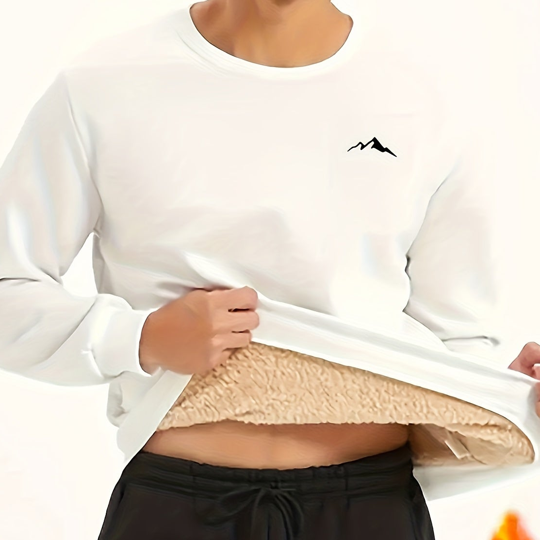 Men's long-sleeve shirt with mountain design, warm lining, crew neck, soft fleece interior