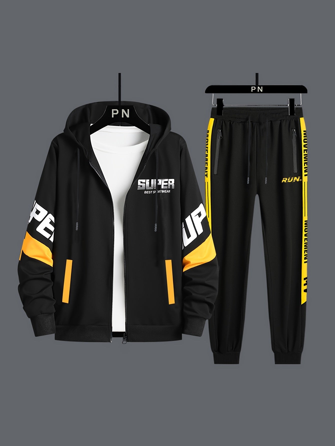 Men's sports tracksuit with a zip-up hooded jacket and striped joggers