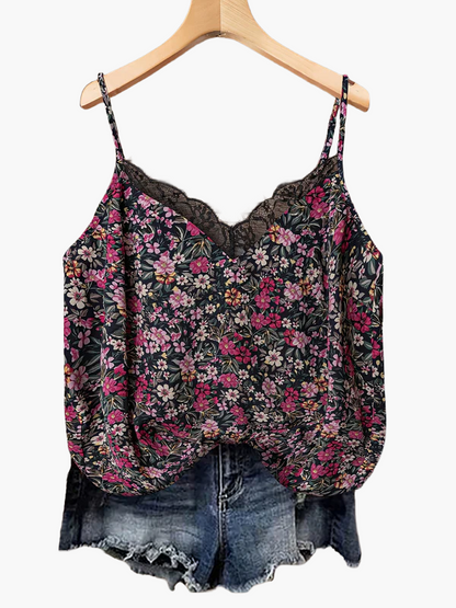 Women's summer top with floral pattern and lace trim, casual spaghetti strap tank top
