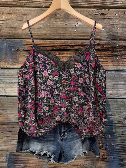 Women's summer top with floral pattern and lace trim, casual spaghetti strap tank top