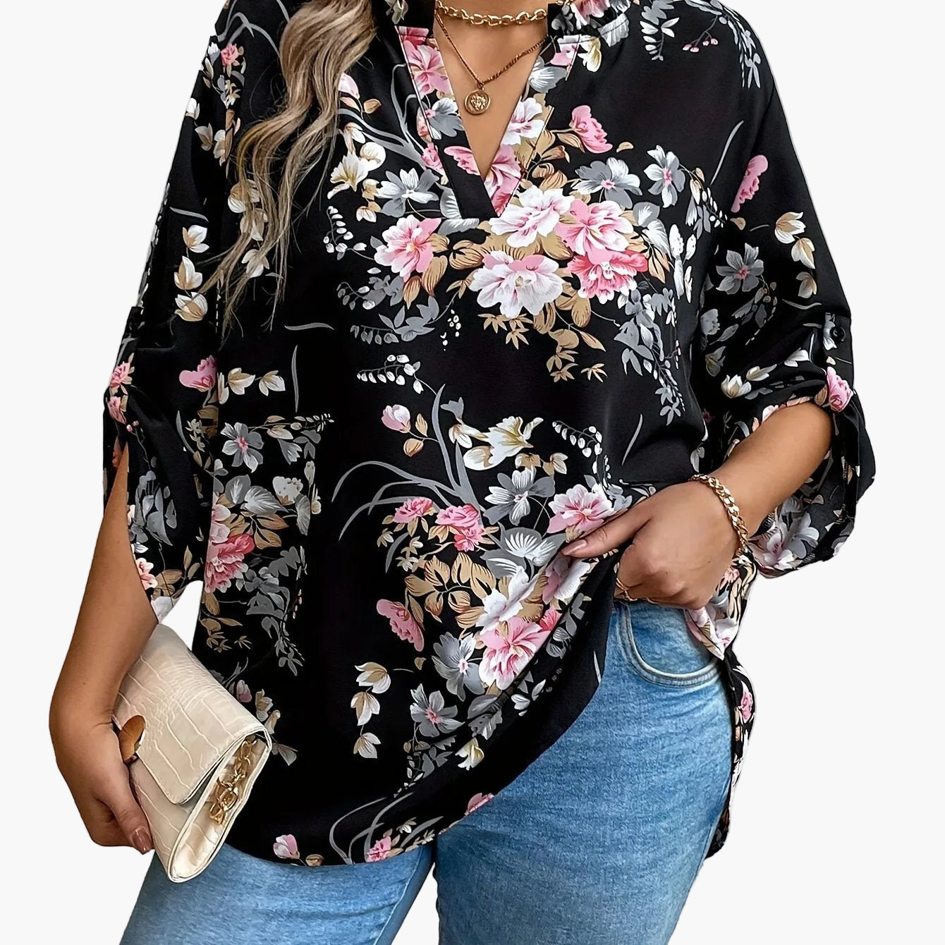 Women's Elegant Blouse with Floral Pattern and V-Neck – Perfect for Everyday & Office