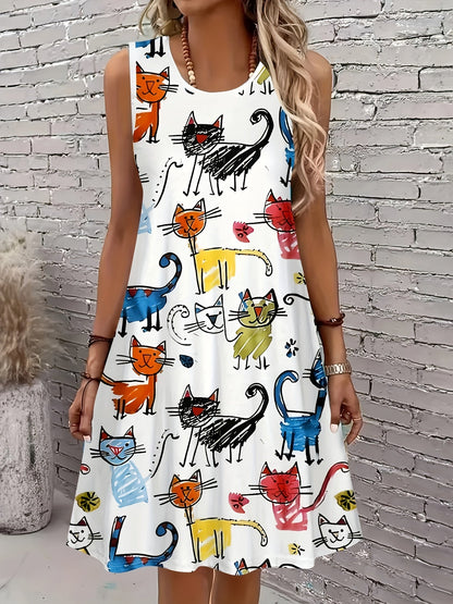 Women's summer dress with cat print, casual, sleeveless, A-line, ideal for everyday wear and leisure