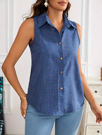 Women's sleeveless blouse with button placket and polo collar – Elegant casual wear for summer