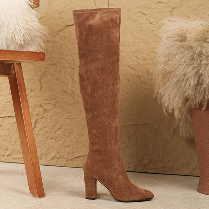 Women's over-the-knee boots, suede-look, block heel, light brown