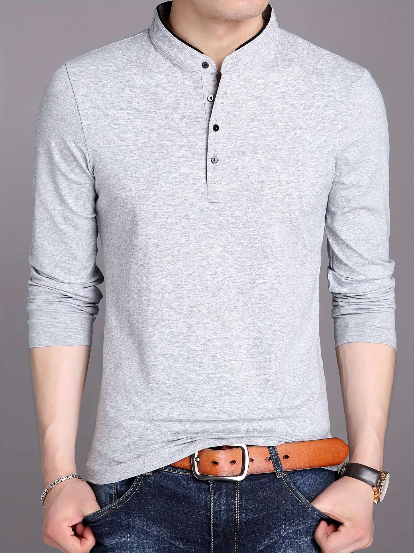 Men's long-sleeve shirt with stand-up collar and button placket