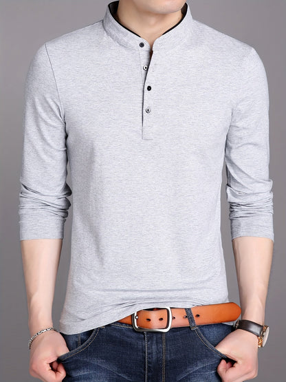 Men's long-sleeve shirt with stand-up collar and button placket