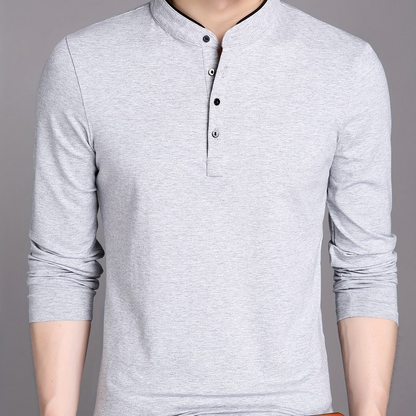 Men's long-sleeve shirt with stand-up collar and button placket