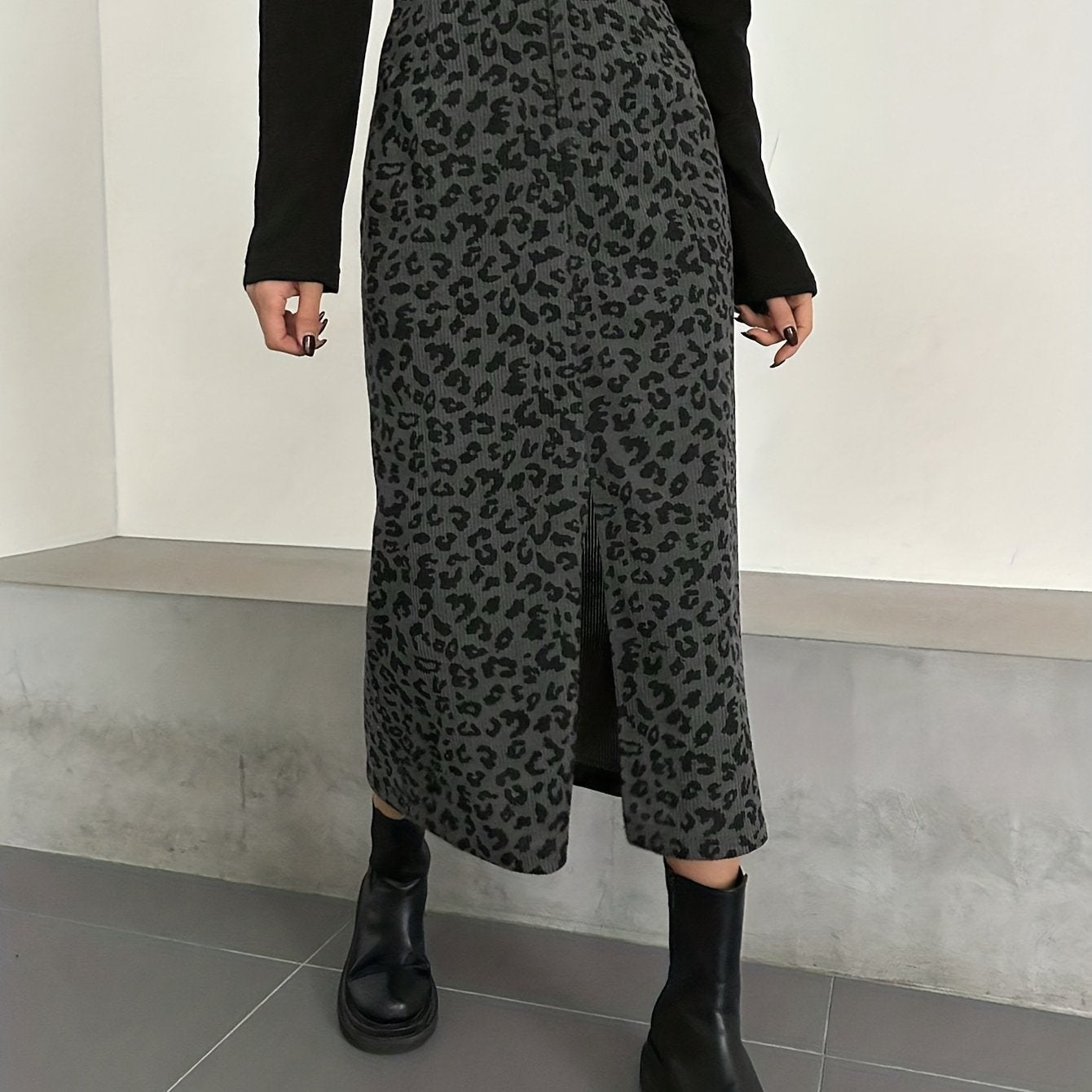 Damen Maxi Rock Leopard Print Rippstrick Schlitz